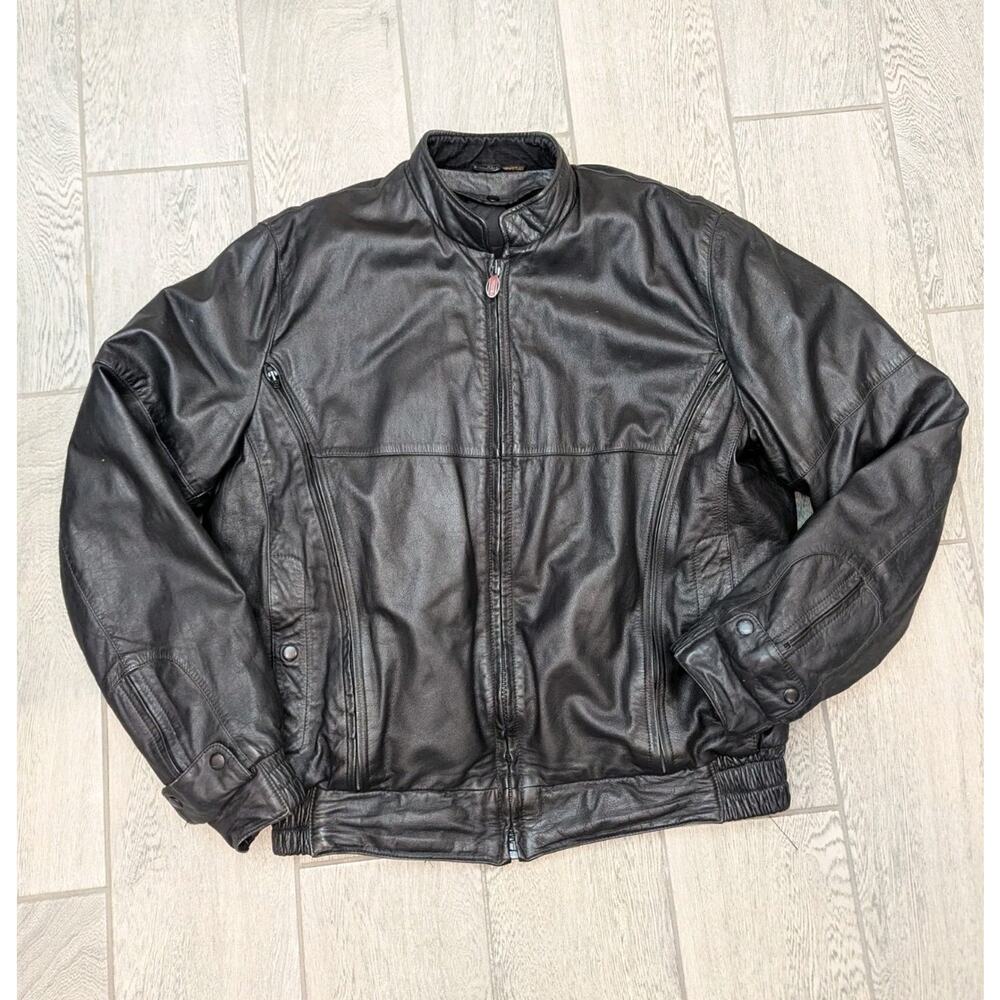 First Gear x Hein Gericke Black Leather Motorcycle Jacket Men's XL Tall